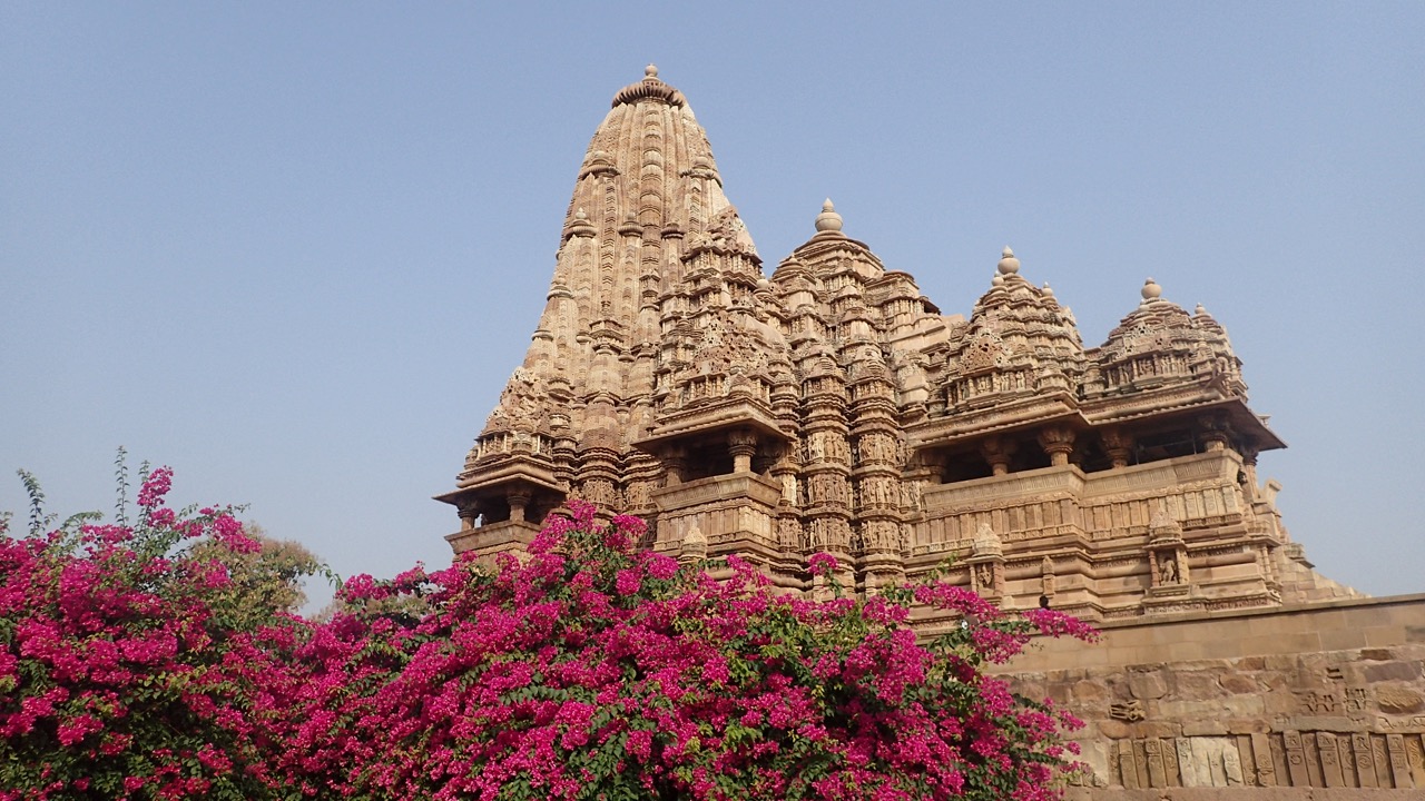 Templo Kandariya Mahadeva entre as buganvílias